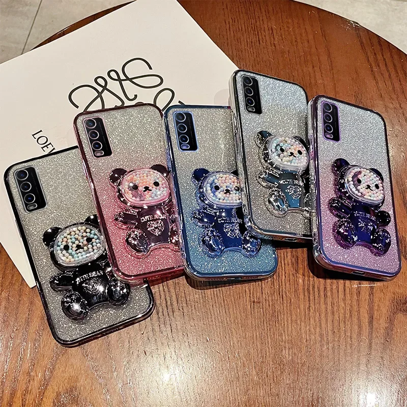 Silicone Bling Electroplated TPU Case with Bear Stand and Glitter Design