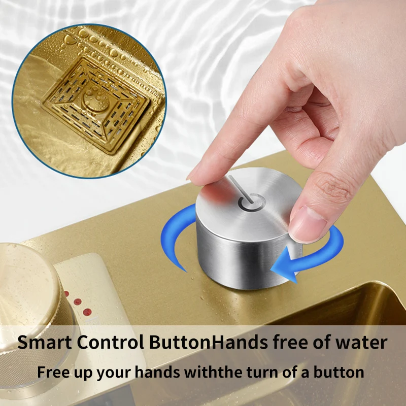YCRAYS Golden Nano Multifunctional Kitchen Sink 4 Mode Waterfall Faucet Large Single Bowl Soap Dispenser Pure Tap Cup Washer