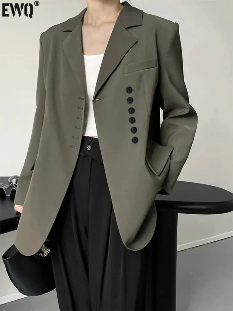 

[EWQ] Women Notched Pocket Blazer Coat Korean Solid Color Long Sleeve Suit Jacket Coats Spring 2023 Autumn New Button Top 6Y6507