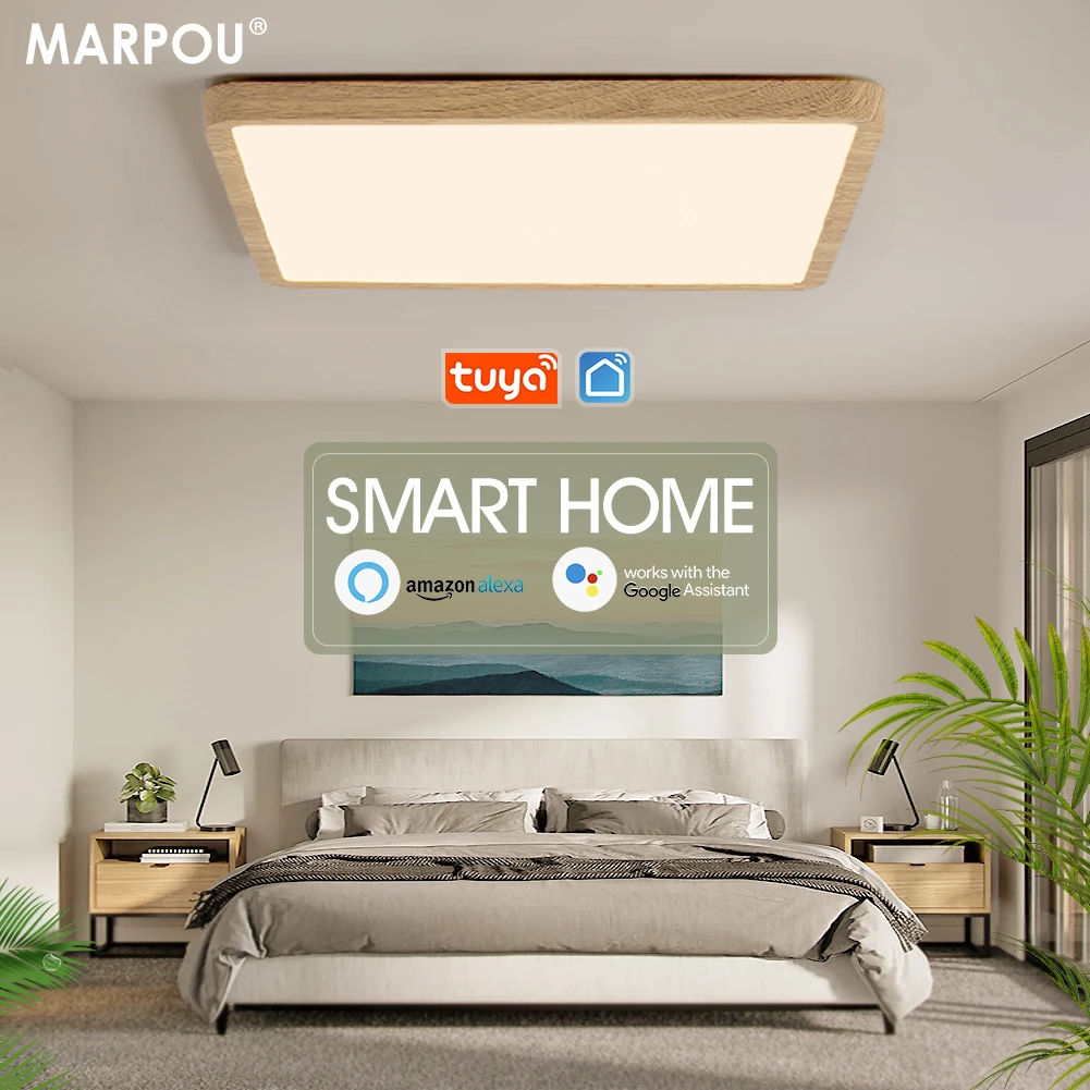 recessed ceiling spotlights MARPOU Tuya Smart LED Ceiling lamp Wood Grain App Voice Control Alexa/Google Remote Control Square Ceiling Lights Living room bathroom downlights