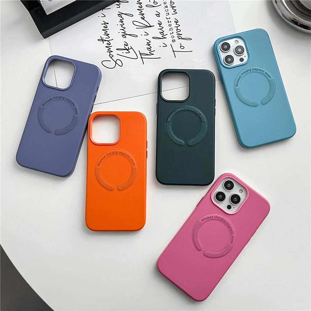 Magsafe – coque de téléphone magnétique en cuir, antichoc, rigide, couleur bonbon, chargement sans fil, pour iPhone 14 Pro Max Plus 13 12_voghion.com