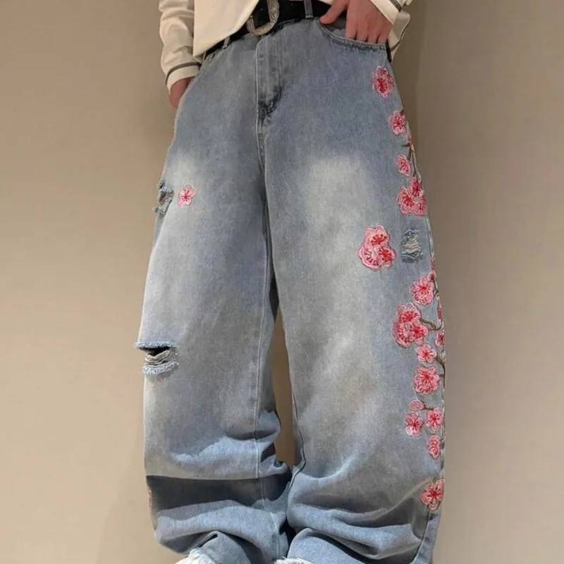 Cherry Blossom Selvedge Embroidery Denim Pants Y2K Retro Men Casual Baggy Straight Wide Leg Jeans High Quality Hiphop Streetwear