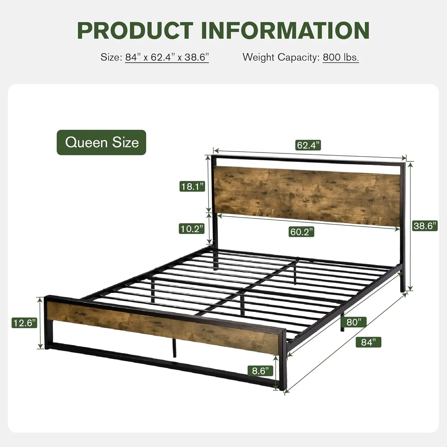 Queen Bed Frame with Wood Headboard, Modern Rustic Style Platform Bed Frame Queen Size, Heavy Duty Strong Metal Slats Support 2
