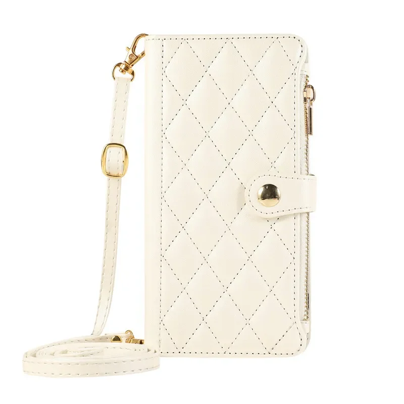Rhombus Grid Flip Wallet Phone Case with Long Hanging Rope