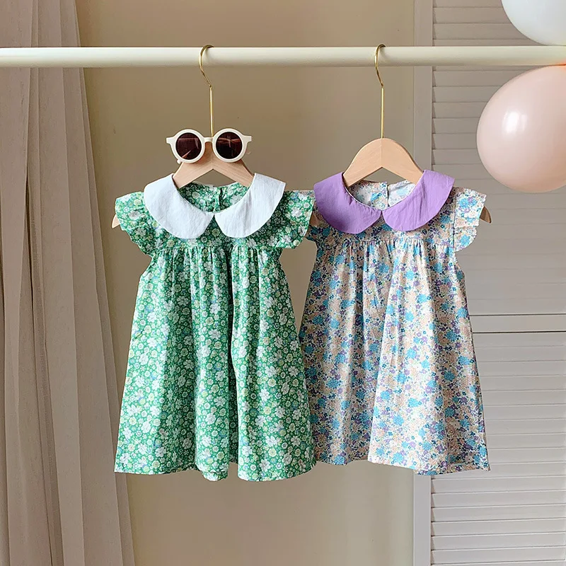 

XTY-Girls' Princess Dress Suit2024Summer New Floral Dress Cotton Doll Collar Pastoral Style Printed Skirt