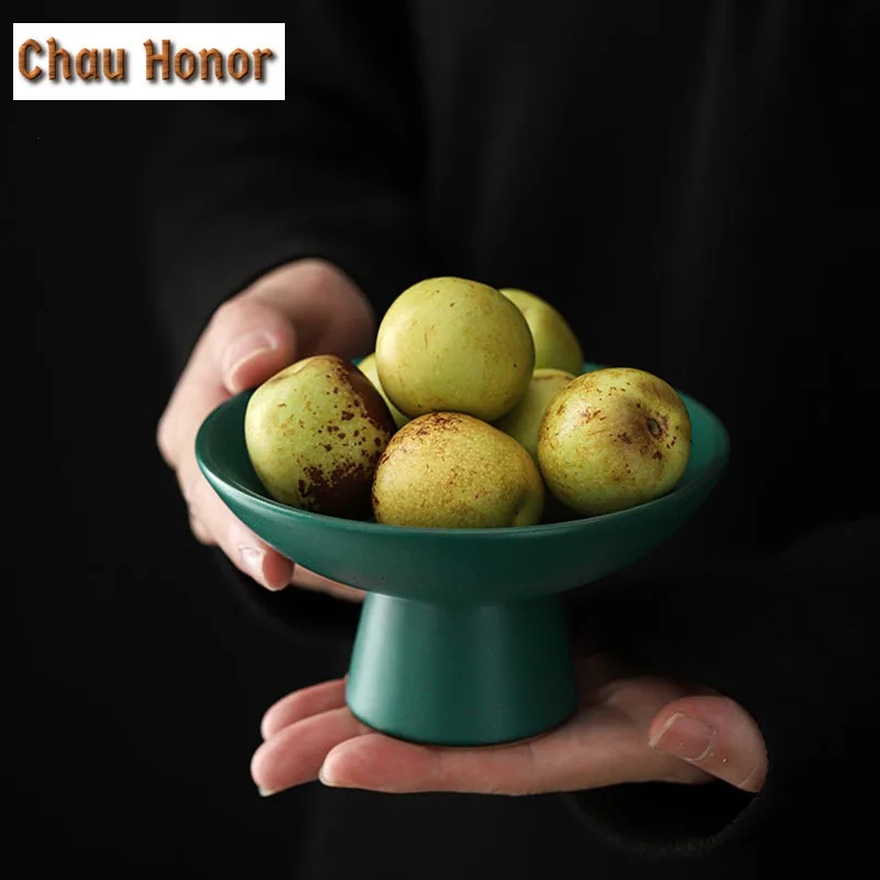 Japanese Style Turquoise Coarse Ceramic Home Creative Snack Plate Tall Foot Fruit Plate Tea Ceremony Accessories Decoration Gift