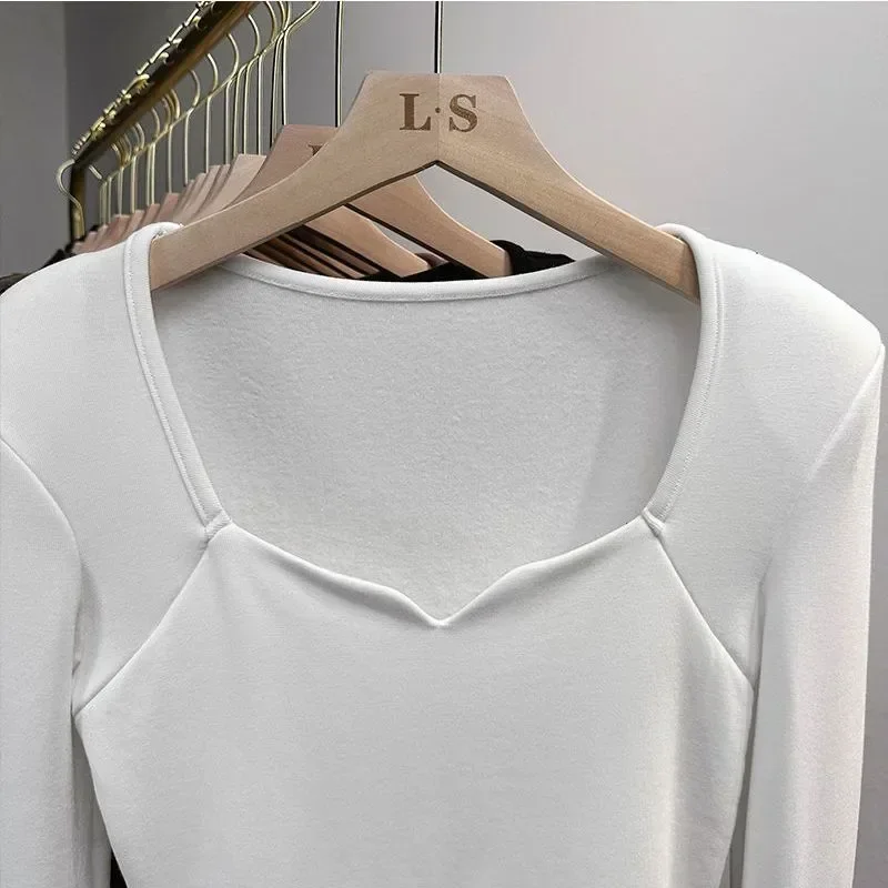 

Sanding Plush Long Sleeve Short Women's T-shirt And Top Autumn Clothing Square Neck Matte Winter Autumn Warm