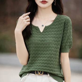 Women's T-shirt Summer New 100% Pure Cotton Tees Casual Solid Knitted Short sleeved V-neck Pullover Loose Tops Fashion Sweater 1