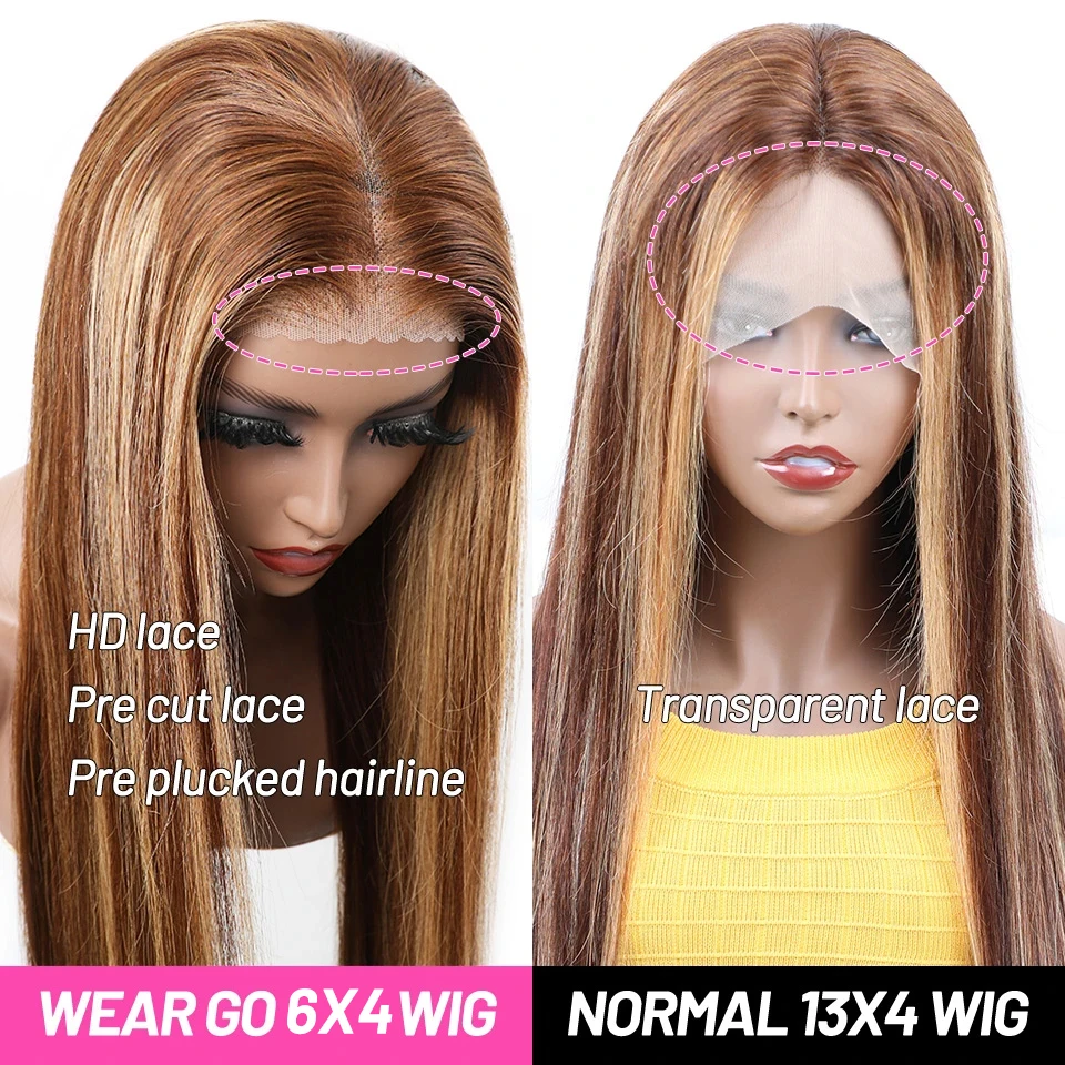 Wear And Go Glueless Wig Malaysian Straight Highlight Wig Preplucked 6x4 HD Lace Closure Glueless Ready To Wear human hair wig lace front wig human hair wigs