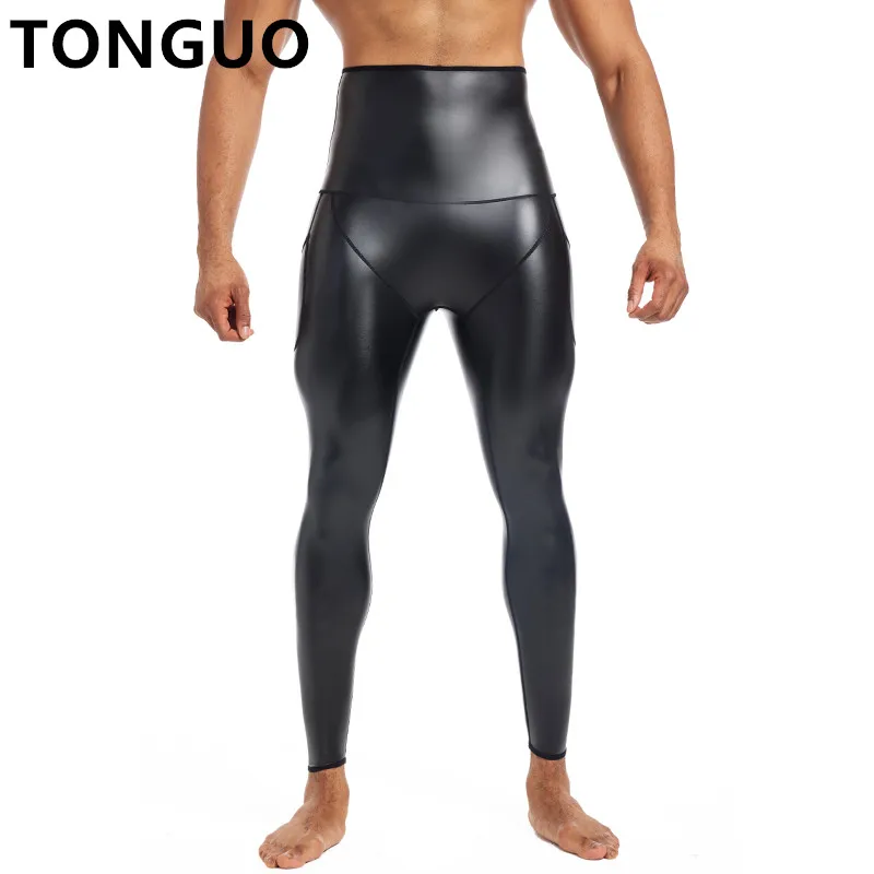 Mens High Waist Leather Pants Body Shaper Waist Trainer Control Panties Compression Underwear Fitness Shapers Pants With Pockets