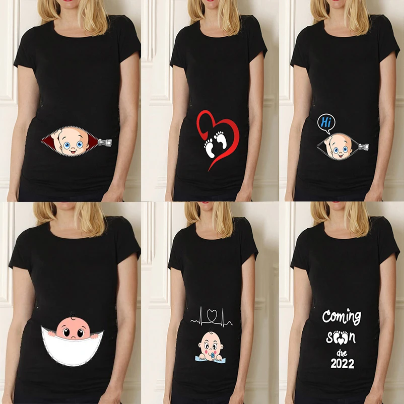 T Shirt V Neck T Shirt Cotton T Shirt Black Pregnancy Shirt Maternity Cute Baby Print O-Neck Short Sleeve T-shirt Pregnant Tops Mom Clothes Baby Announcment Tshirt