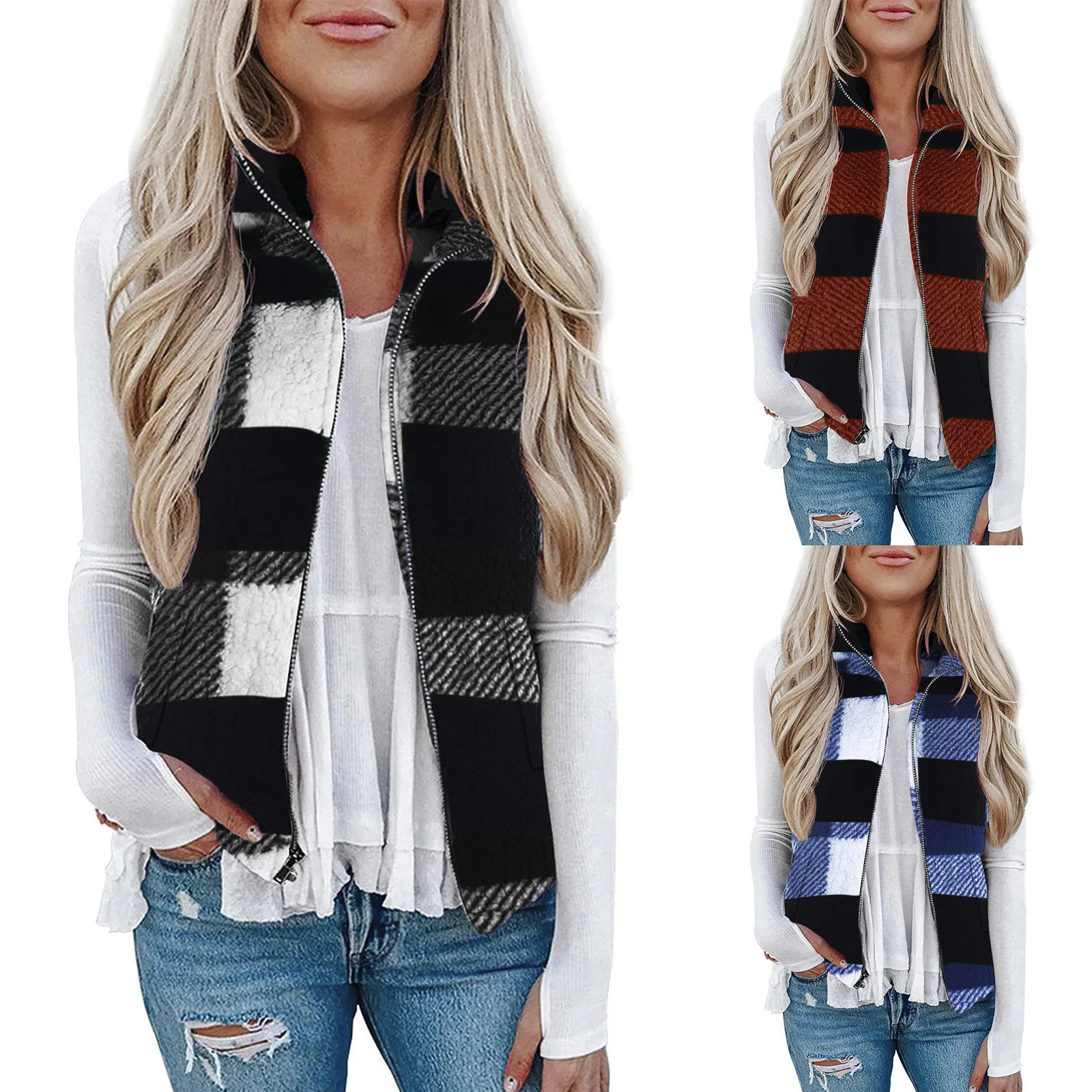 

Thick Sleeveless Plush Jacket Women Loose Lambs Fleece Vest Women's Fall Winter Korean Zip Up Plaid Female Coats Warm Waistcoat