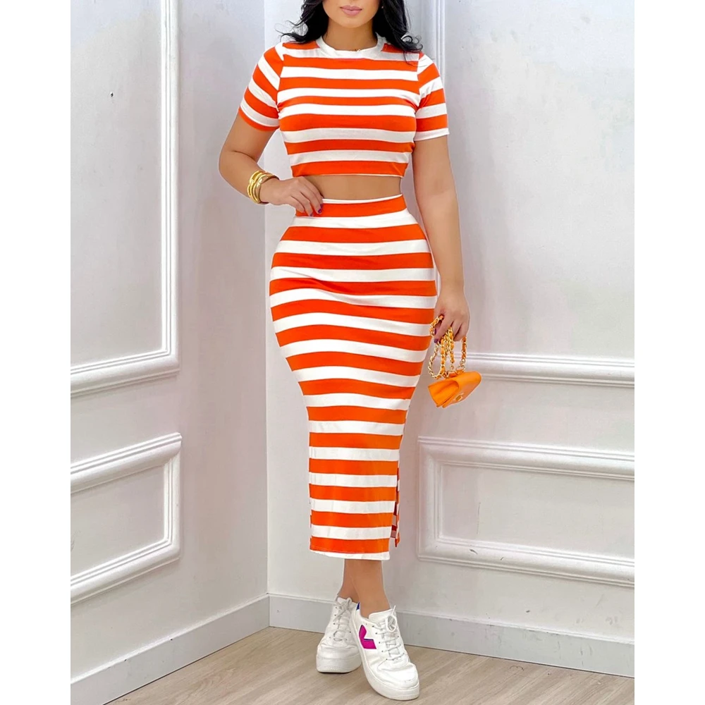 2024 Summer Women Striped Print Short Sleeve Round Neck Crop Top &High Waist Mdi Bodycon Skirt Set Casual Femme 2Pcs Dress Sets