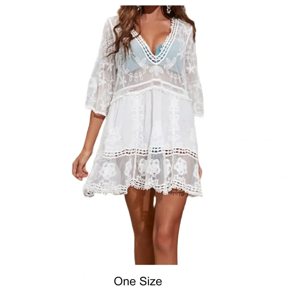 Swimsuit Cover Up Solid Color Deep V Neck Lace Quick Dry Swimwear Dress for Swimming