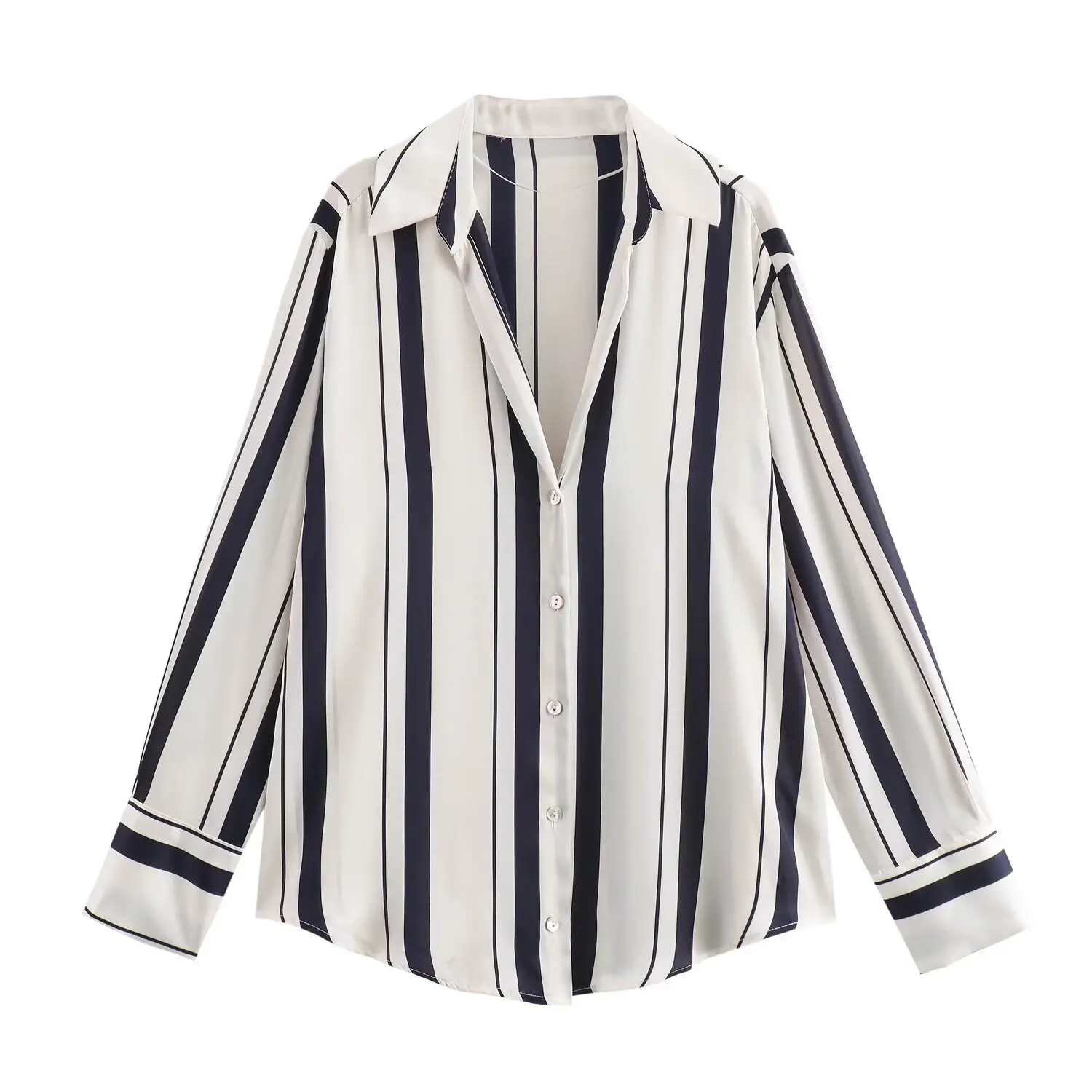 thumbnail image 1 of HH TRAF Blusa elegante de verano para mujer, con textura satinada, cuello vuelto, manga larga, estampado, botonadura sencilla, blusa a rayas para mujer, 1 of 5