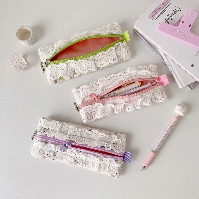 Astuccio in pizzo per studentessa con volant carino coreano trucco cancelleria organizer borsa portatile per il ritorno a scuola regalo Kawaii - immagine 4