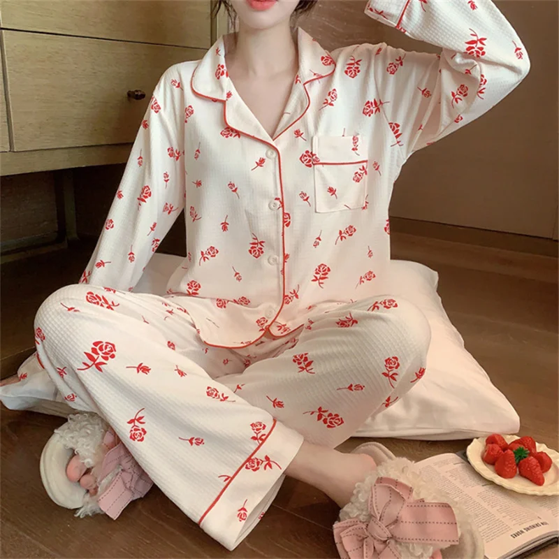 Spring Autumn Women's Waffle Jacquard Pajamas Lapel Long Sleeve Cardigan Pants Casual Home Clothing Set Sweet Cute Sleepwear