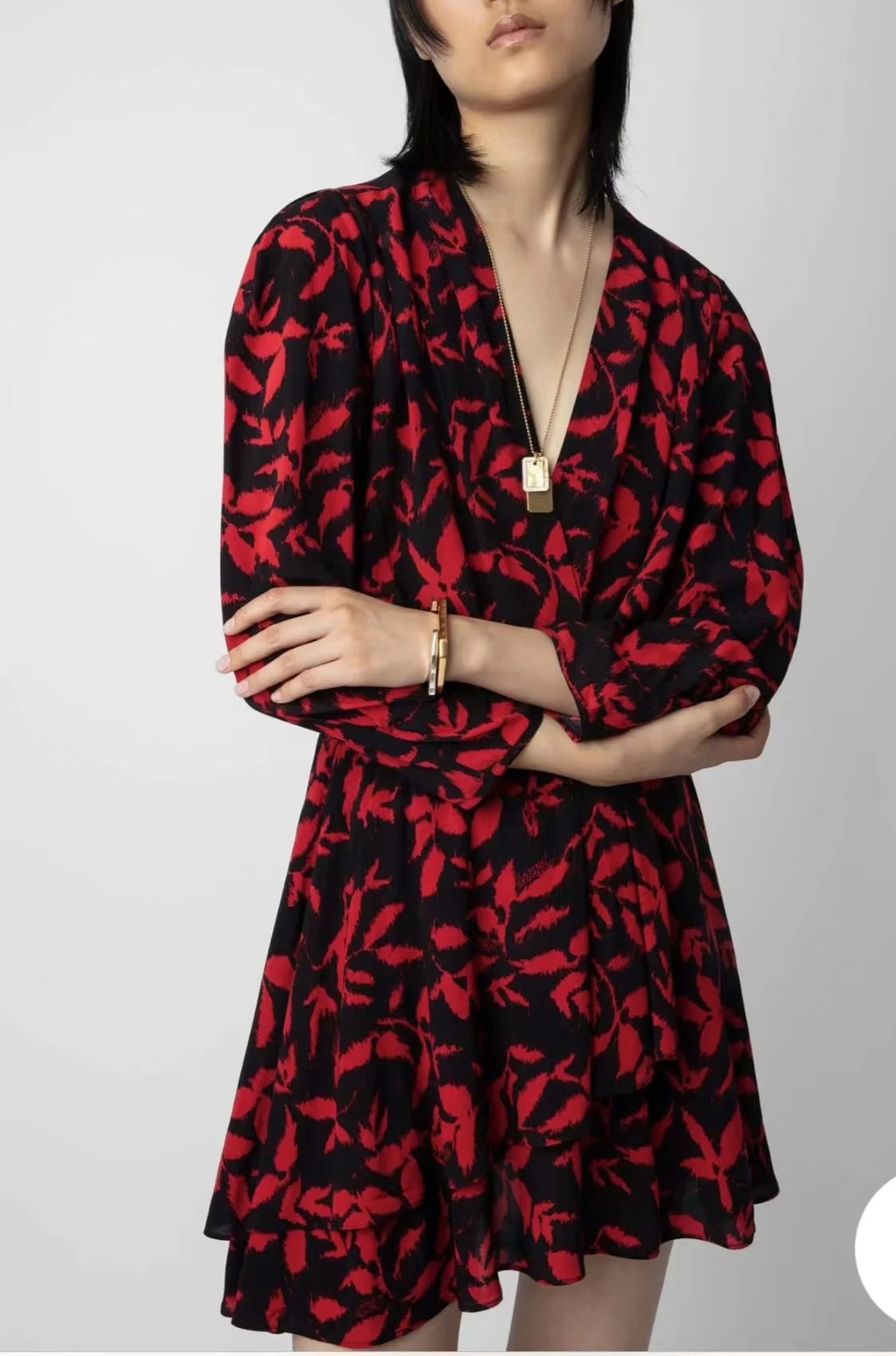 

ZV New Fashion Maple Leaf Print Temperament Commuting Long Sleeve Dress