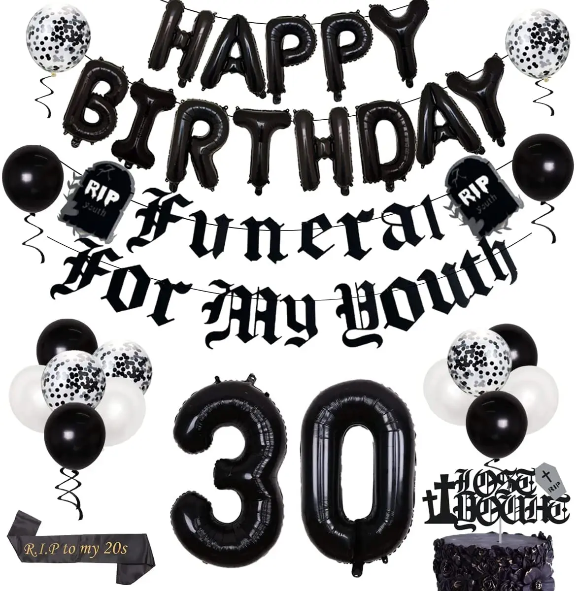 

Cheereveal Funeral for My Youth 30th Birthday Party Decorations Black Balloons Set Rip To My 20s Sash Lose Youth Cake Topper