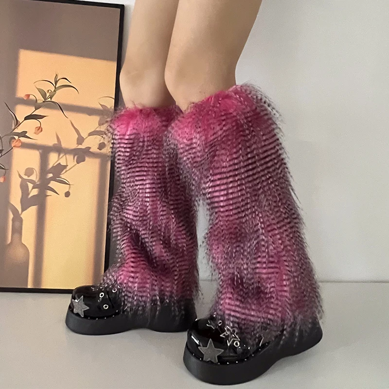 Y2K Goth Furry Faux Fur Women Leg Warmers Boot Covers Harajuku Lolita Girls Punk Fashion Cute Jk Hipster Warm Fluffies Leggings
