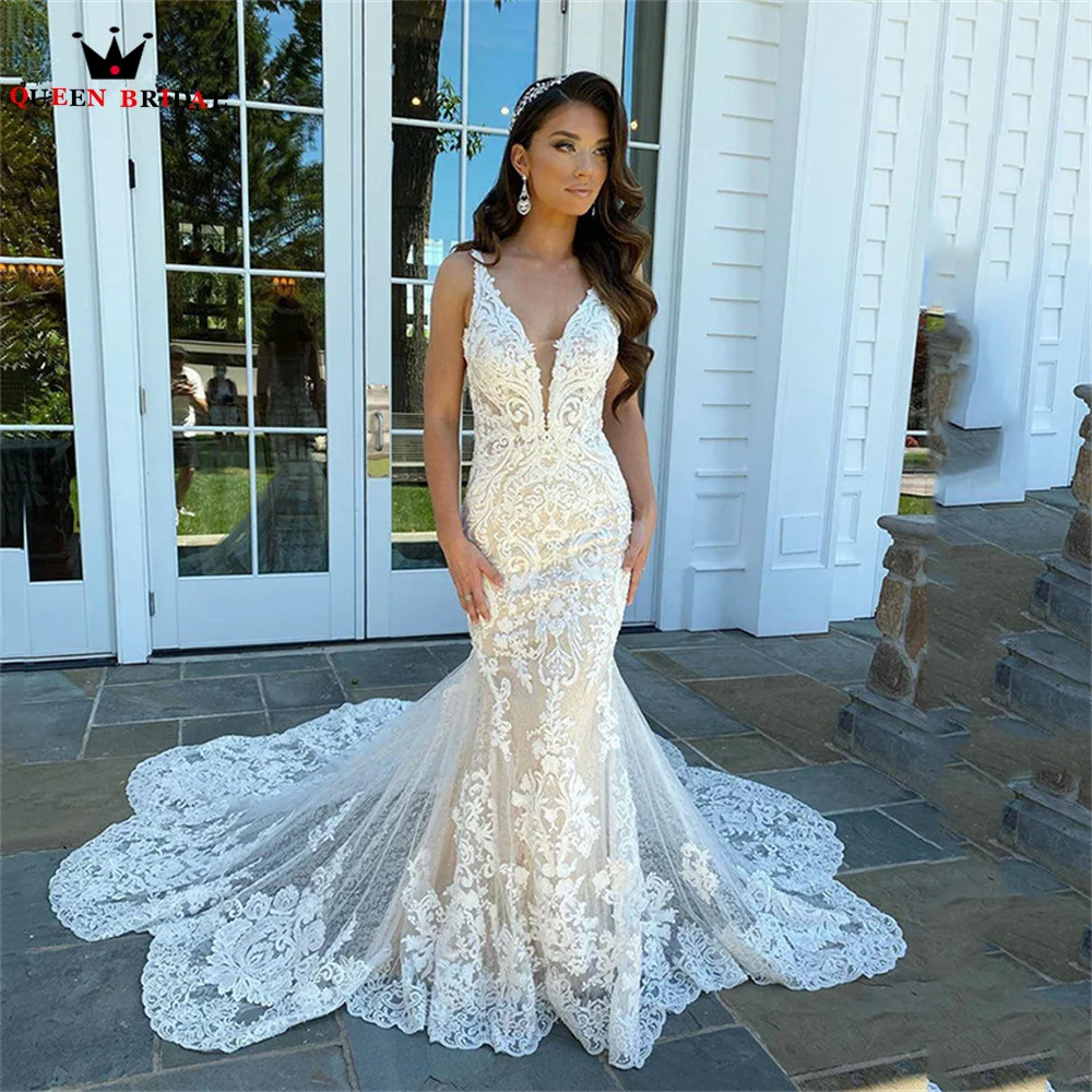 

Sexy Wedding Dresses Mermaid V-neck Open Back Tulle Lace Appliques 2023 New Design Long Formal Bridal Gown Custom Size DX41