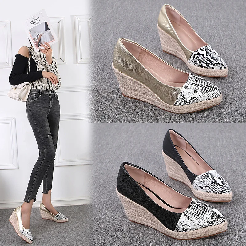 

Fashion Women's Pumps Mixed Colors Pointed Toe PU 10CM Wedges Grass Woven Weave Rope Bottom Women Dress Wedding Shoes Golden
