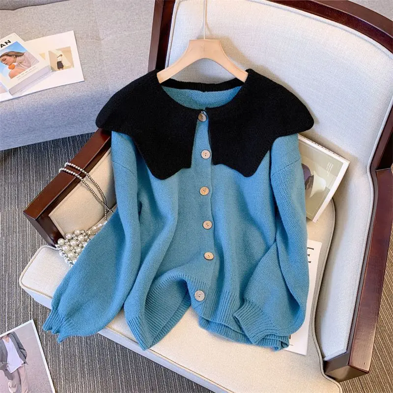 

Preppy Style Fashion Doll Neck Button Knitted Cardigan Sweater Women Autumn and Winter Sweet Solid Color Long Sleeve Loose Tops