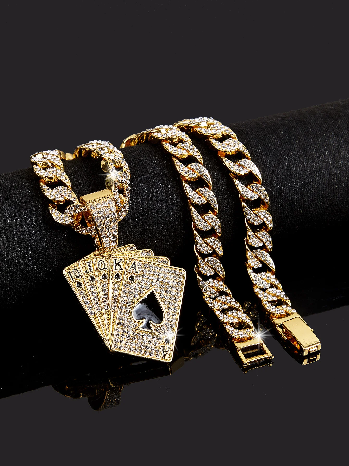 Hot Sales Hiphop Cuban Link Chain Iced Out Strass Poker Hanger Ketting Voor Vrouwen