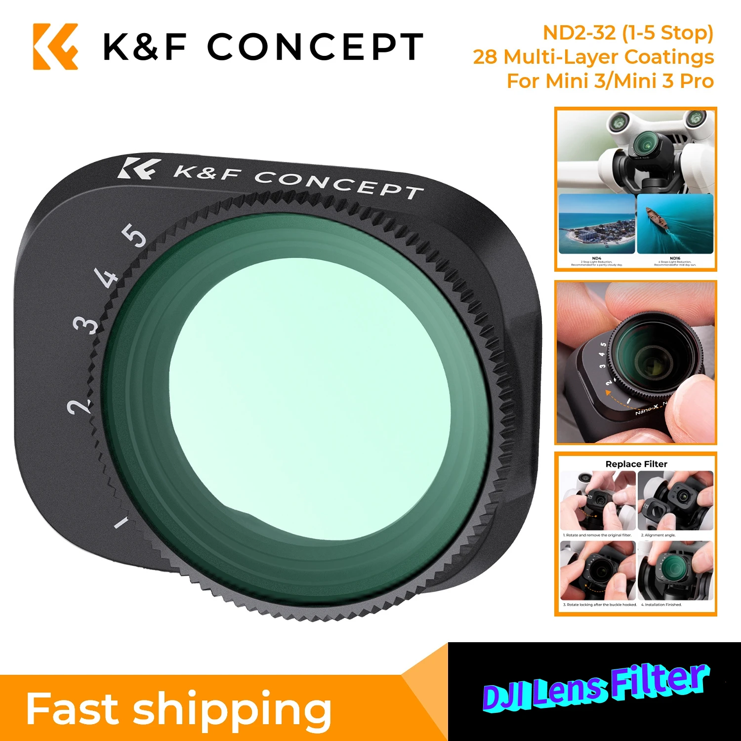 

K&F Concept Variable ND2-ND32 HD Filter for DJI Drone Mini 3 Pro with 28 Multi-Coated Anti-reflection Green Film Waterproof