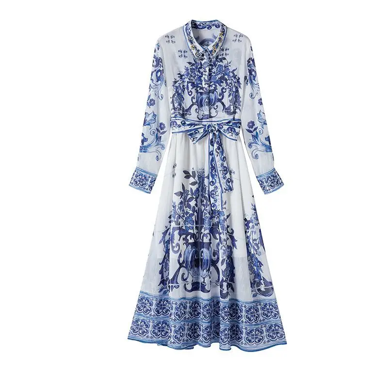 Banulin Summer Sliver Blue And White Porcelain Chiffon Dress Women Beading  Lapel Lantern Sleeve Bow Sashes Elegant Long Dress - AliExpress 200000345