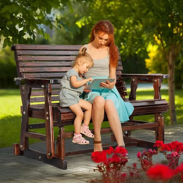 2025New-Durable Wooden Patio Glider Chair with Built-in Cup Holders, Outdoor Bench Glider Loveseat featuring a Smooth Rocking Mo 3