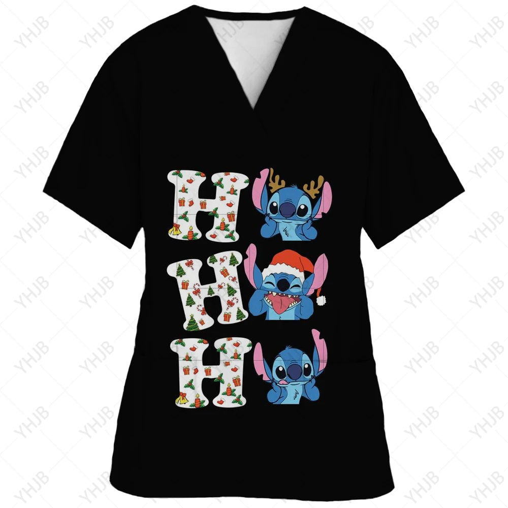 thumbnail image 1 of Blusa de uniforme de trabajo con cuello en V y cordón de manga corta con estampado de dibujos animados de Disney Stitch para mujer, 1 of 5