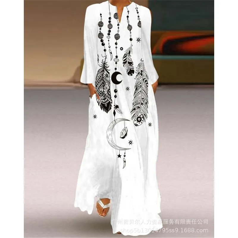 

Wepbel Y2K V-neck Swing Long Dress Women Summer Loose Casual Full Length Dress Summer Feather Print Long Sleeve Maxi Dress