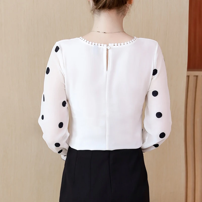 Women's Long Sleeve Chiffon Blouse Hollow Out Tops O-Neck Black Dot White Sweet Clothing Fashion 2025 New D383