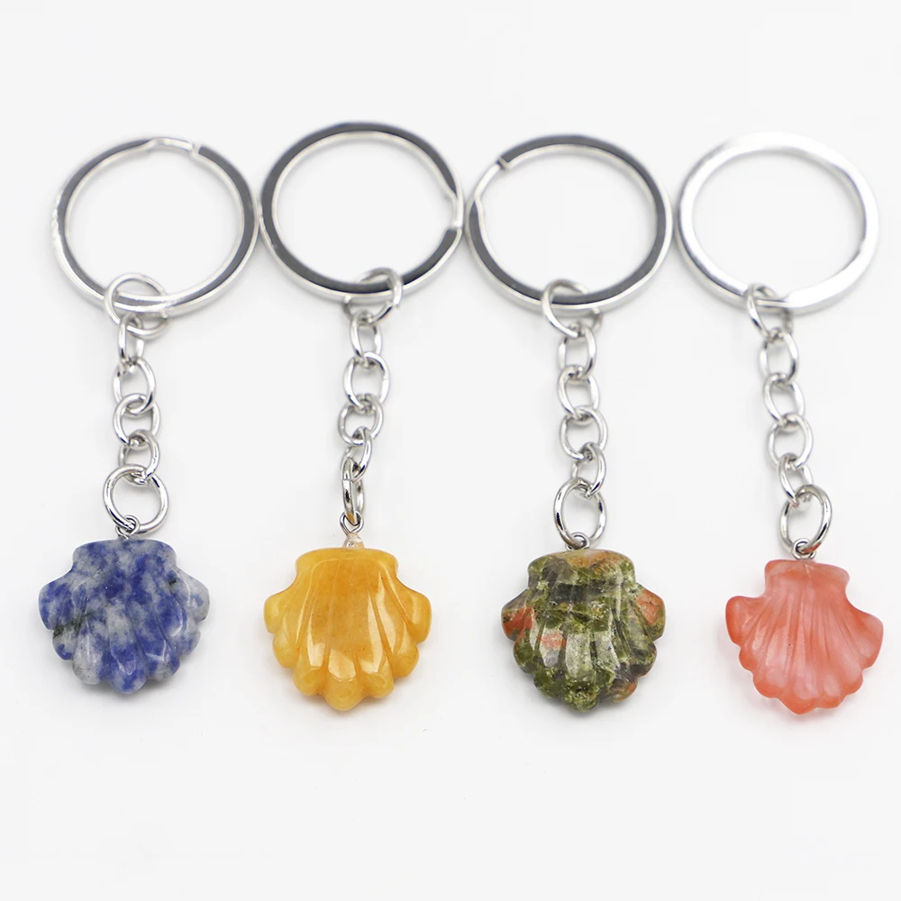 Creative Natural Stone Hand-carved Shell Keychain Irregular Pendant Keyring DIY Fashion Jewelry Gift Accessories Wholesale 4 Pcs