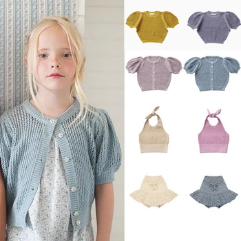 Vestiti per bambina per bambini Nuova estate SP T-shirt lavorate a maglia per bambini Top e gonne con maniche a sbuffo alla moda Set da due pezzi per bambini Abiti per bambini
