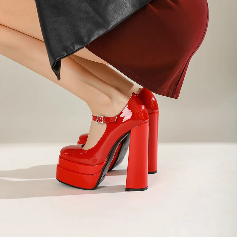 

Women's new square toe thick sole waterproof platform buckle genuine leather cowhide high heel large size single Mary Jane shoe