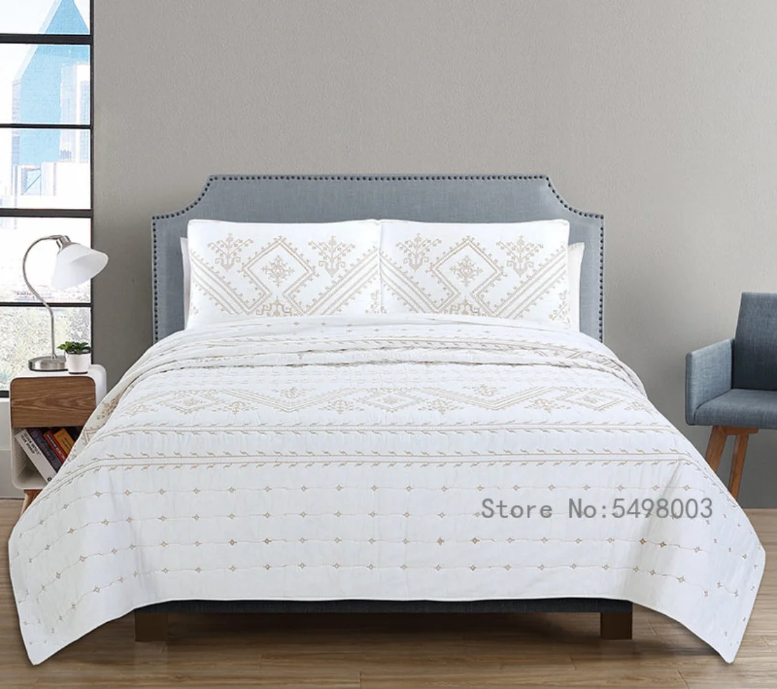 

100% Cotton Luxury Handmade Patchwork Quilt Set Washed Cotton Bed Cover White Coverlet Blanket Wedding Bedspread King Size