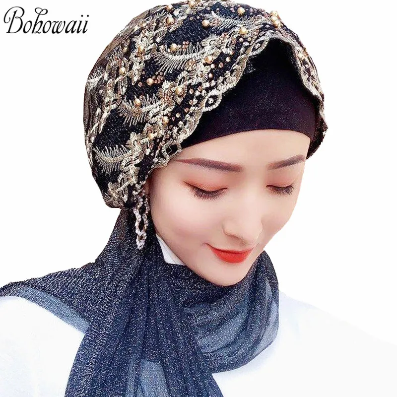 

BOHOWAII Ramadan Glitter Bonnet Hijab Scarf Muslim Kaftan Abaya Dubai Lace Head Wrap Instant Hair Cap Turban with Rhinestones