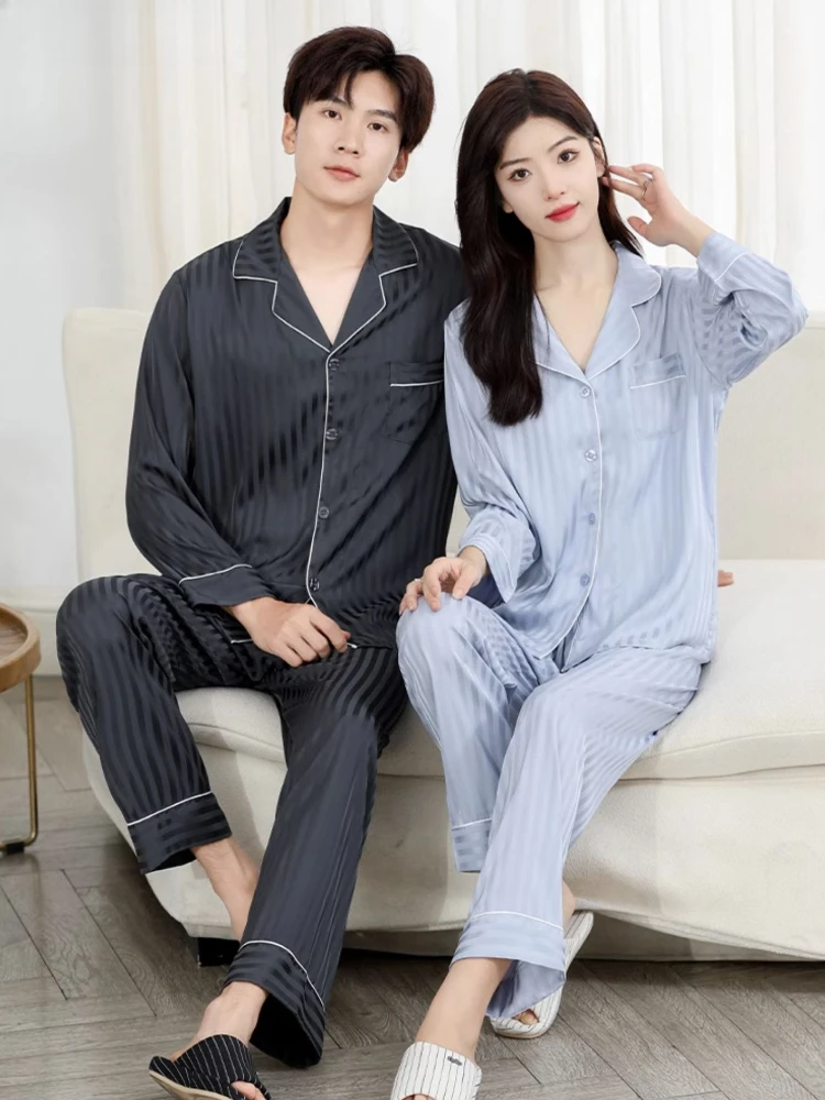 Pajamas Men's and Women's Same Style Spring and Autumn Long-Sleeved Couple's Home Wear Refined Simple Lapel Casual Common Style