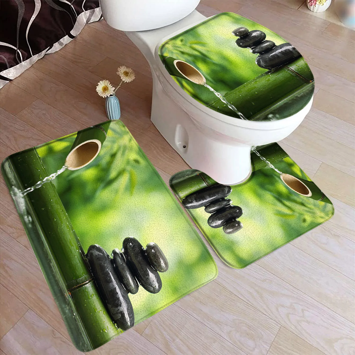 Zen Tappetino Da Bagno Nero Zen Stone Lotus Flower Green Bamboo Bath Decor Tappeto Antiscivolo Tappeto Coperchio Del Water Set Di Accessori Per Il Bag