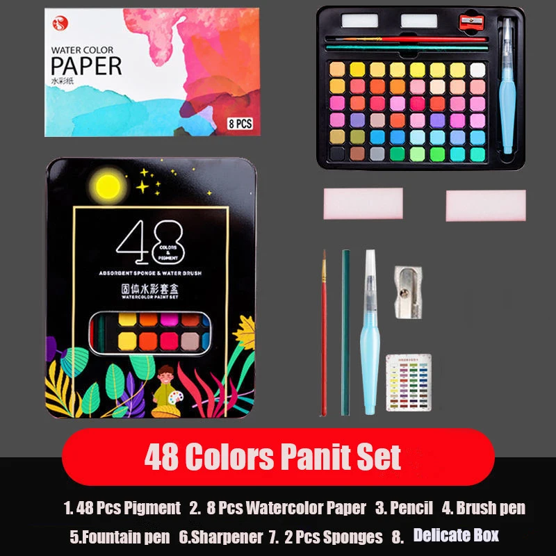 Watercolor Painting Set Solid 48 Colors with Brush&Paper Pigmentation Kids Artists School Art Supplies