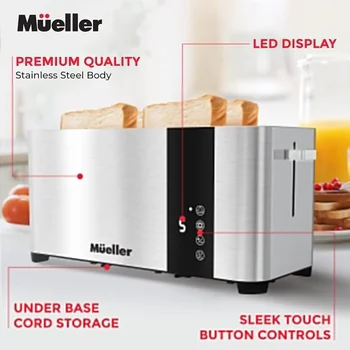 NEW UltraToast Full Stainless Steel Toaster 4Slice Long Extra-Wide Slots with Removable Tray Cancel/Defrost/Reheat Functions 4
