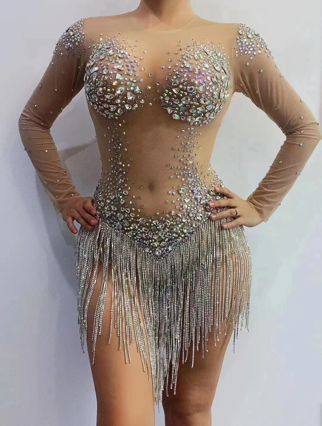 

Shining Silver RhinestonesTassel Crystal BodysuitSexy Mesh Transparent Leotard Women BirthdayParty Dress Singer Costume A373