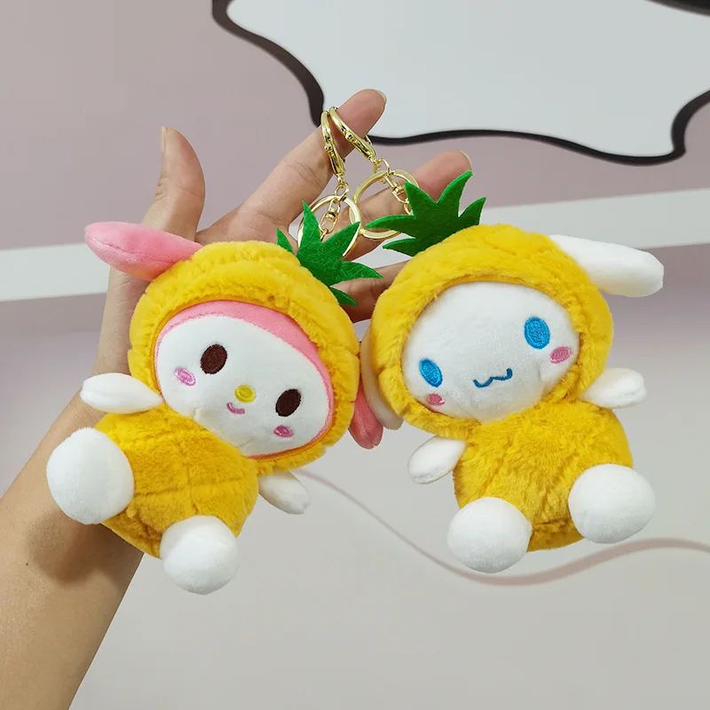 

New Sanrio Plush Keychain Hello Kitty Accesorios Pineapple My Melody Cinnamoroll School Backpack Pendant Gifts for Kids Girls