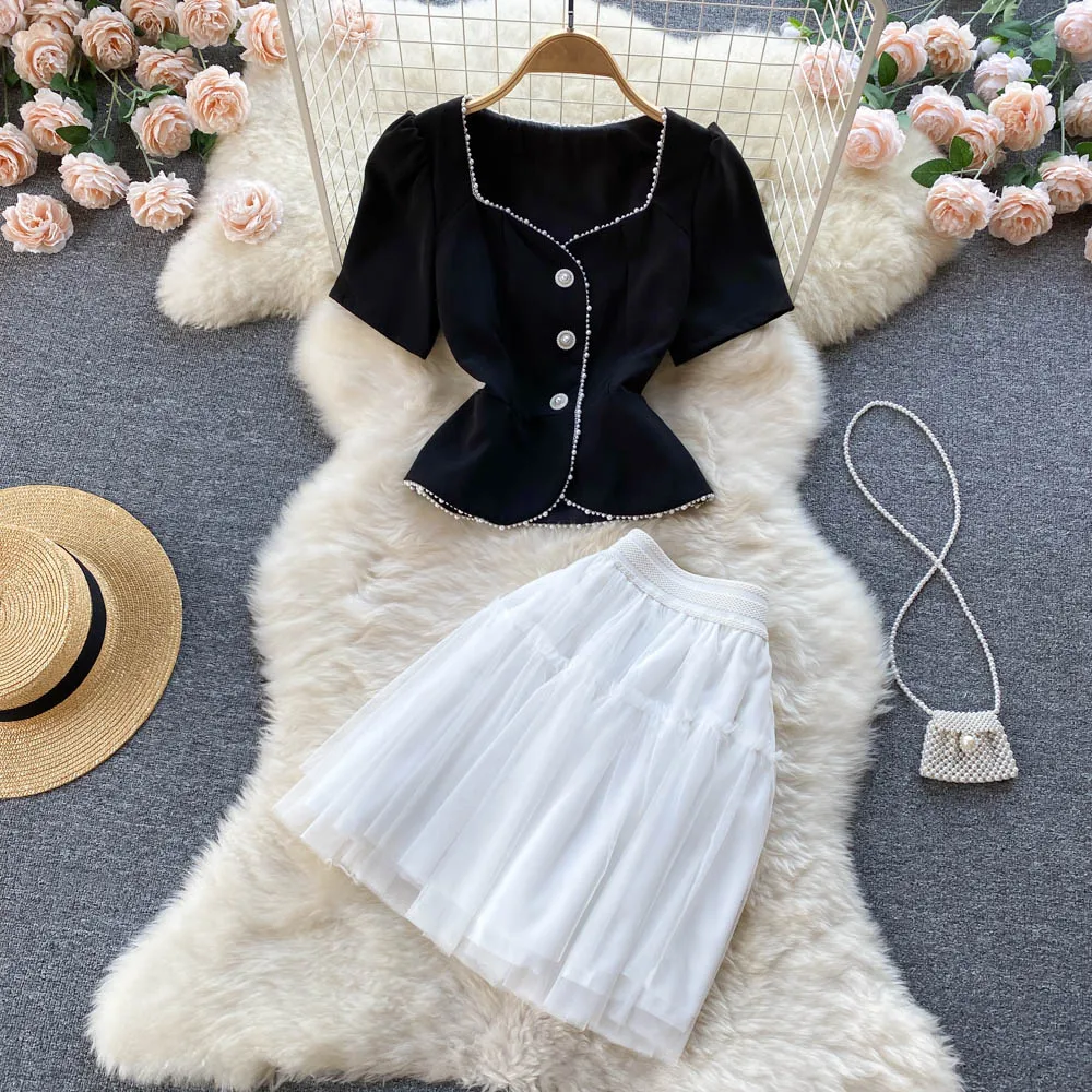 

Temperament suit summer French retro bubble sleeve top high waist mesh two piece skirt fashion
