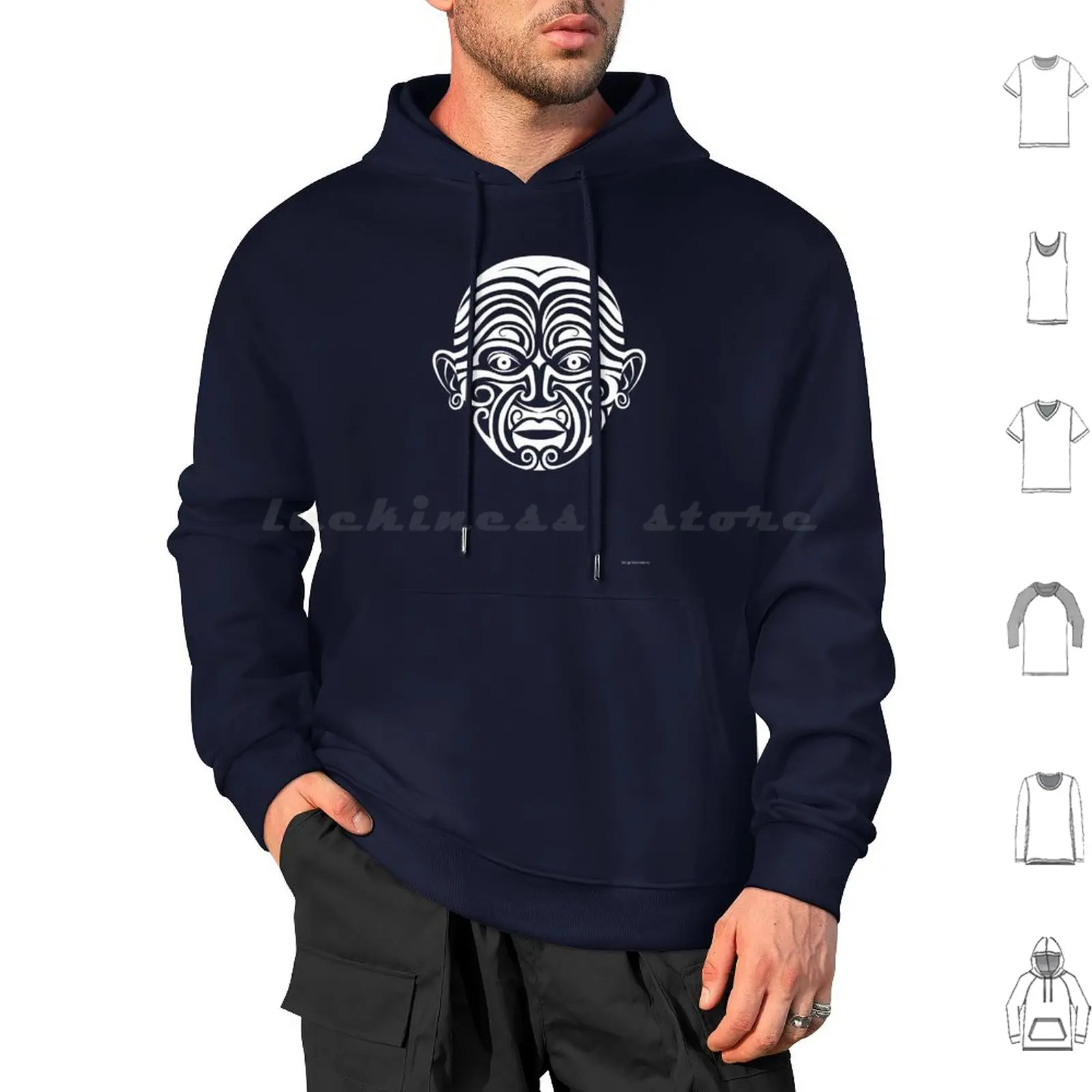 

Maori Face Tattoo ( White ) Hoodie cotton Long Sleeve Face Tattoo Human Maori Ancient Head Geometric Black And White