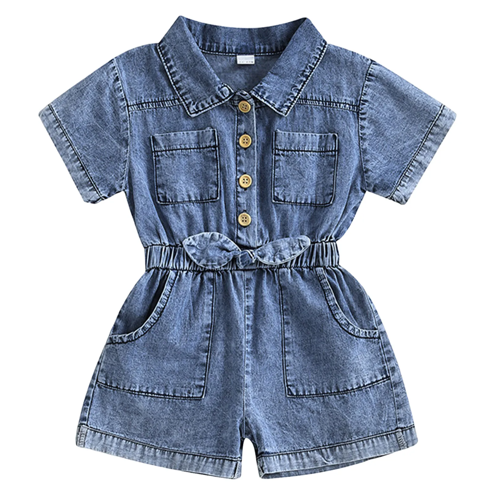 Toddler Girls Denim Overalls Shorts Short Sleeves Turn Down Collar Button Down Elastic Waist Children Jean Jumpsuit 1-4T 1