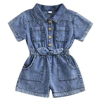 Toddler Girls Denim Overalls Shorts Short Sleeves Turn Down Collar Button Down Elastic Waist Children Jean Jumpsuit 1-4T 1