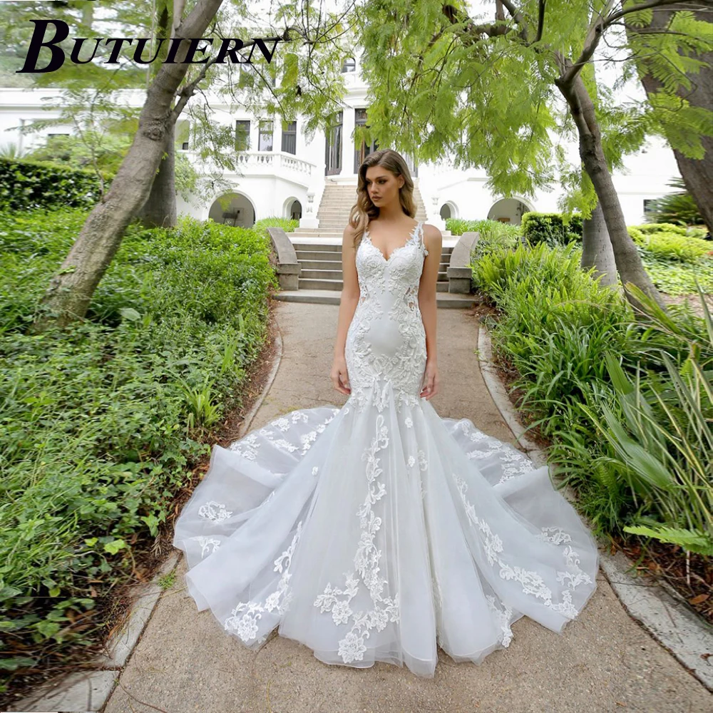 

BUTUIERN Sexy Luxury Appliques Wedding Dress V-neck Lace Mermaid Bridal Gown Back Button Design With Sweep Train Customised
